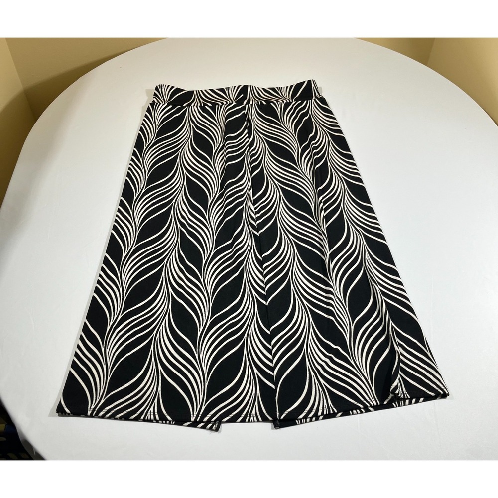 Chico's Black White Abstract Wave Print Maxi Skirt Long Knit Side Slit Large